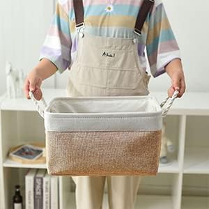 Fabric Storage Baskets - Rectangular Baskets for Organizing Fabric, Shelves & Decorative Use (White & Khaki)