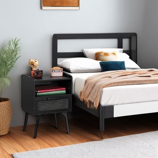 Lerliuo Rattan Nightstand, Side Table with Drawer Open Shelf, Cane Accent Bedside End Table with Solid Wood Legs, Mid Century Modern Night Stand for Bedroom, Dorm and Small Spaces (Black)