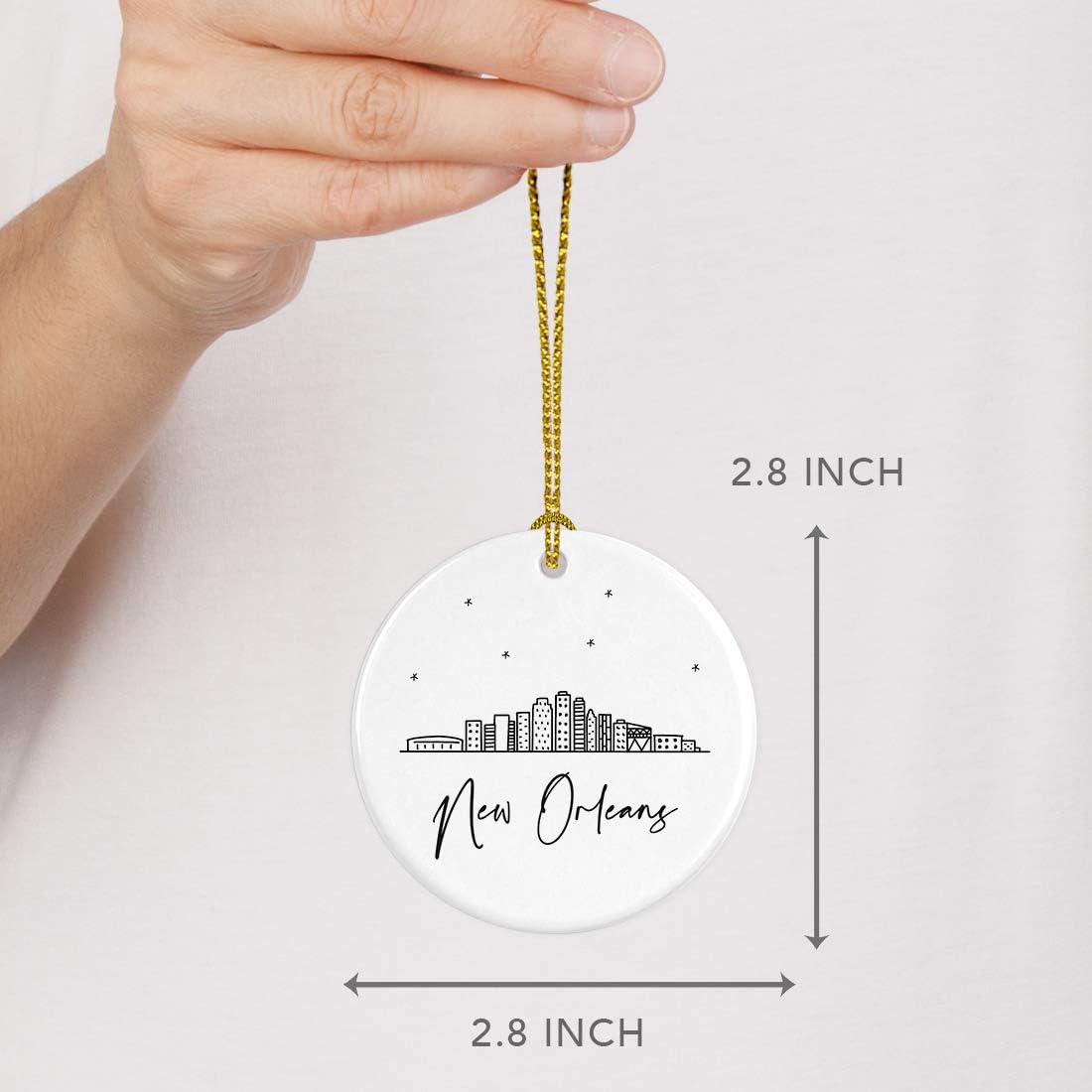 Andaz Press Round Ceramic Porcelain Christmas Tree Ornament Keepsake Gift, New Orleans, Black and White Stars City Skyline Graphic, 1-Pack, Birthday Ideas Family Coworker Him Her, Includes Gift Box