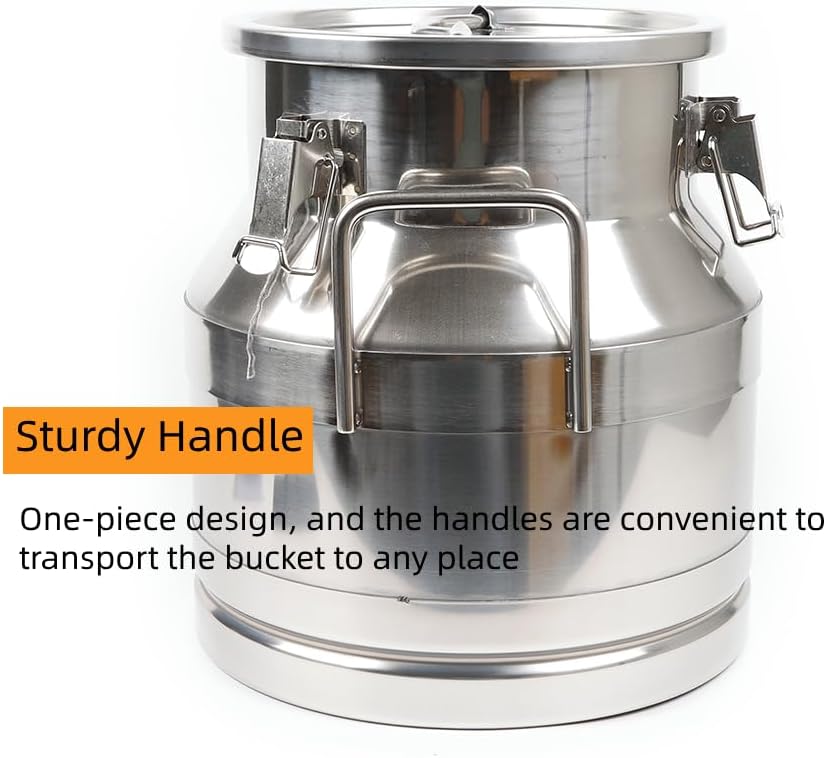 Stainless Steel Milk Can, 20 L/5.25 Gallon Heavy Duty Airtight Storage Canister Milk Bucket with Lid, Embedded Silicone Milk Jug Wine Pail Water Cereals Bucket with Three Latches and Two Handles