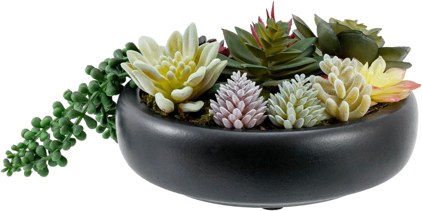 MyGift 8-Inch Artificial Succulent Plant Arrangement, Assorted Fake Plants in Modern Black Round Concrete Planter Bowl