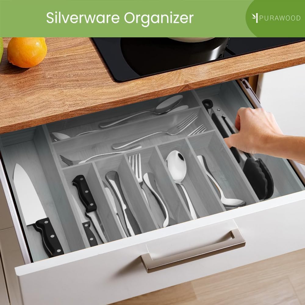 Purawood Bamboo Drawer Organizer - Expandable Silverware Organizer & Utensil Organizer, Cutlery Tray with Dividers, 7-9 Slots - Premium Kitchen Drawer Organizer for Utensils & Flatware (Grey)