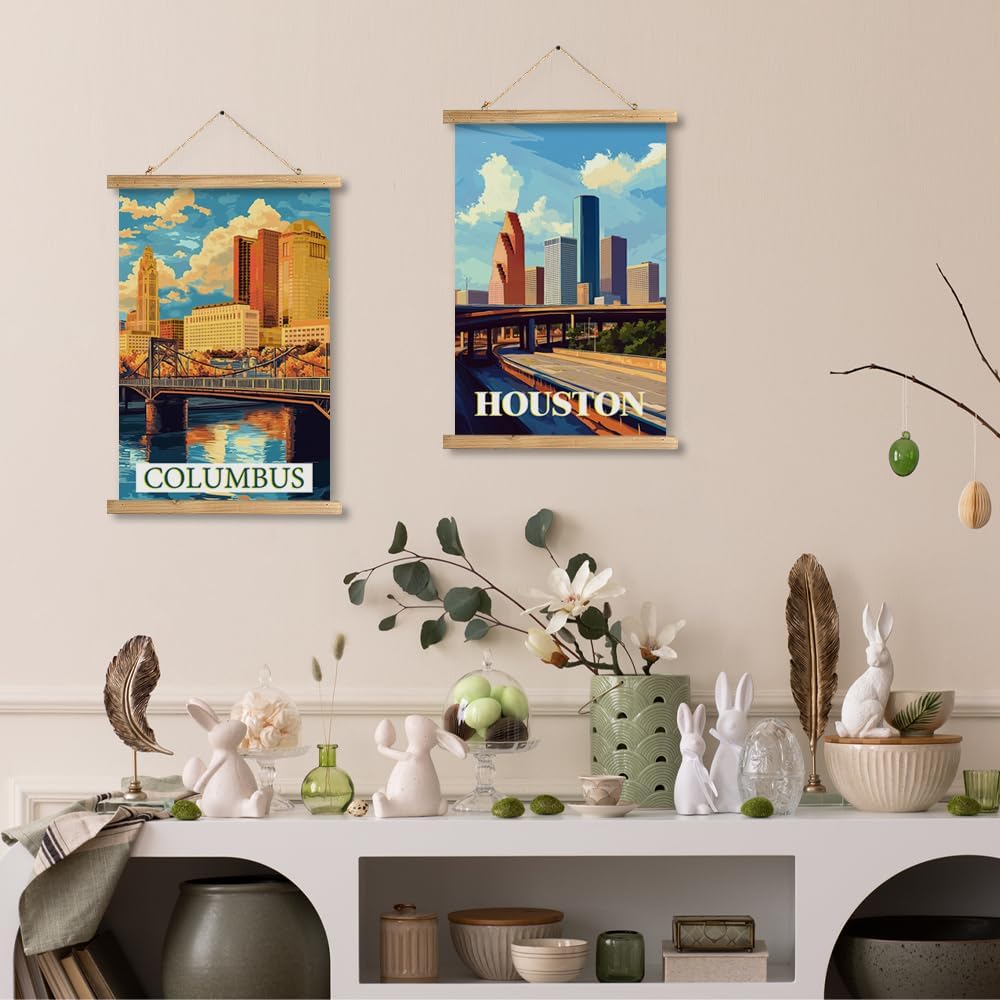 WREVERW Vintage Columbus Poster Canvas Print with Wooden Hanger Frame, Featuring Scioto River Bridge and Iconic LeVeque Tower, Wall Art for Home and Office Decor, 16x23 inches