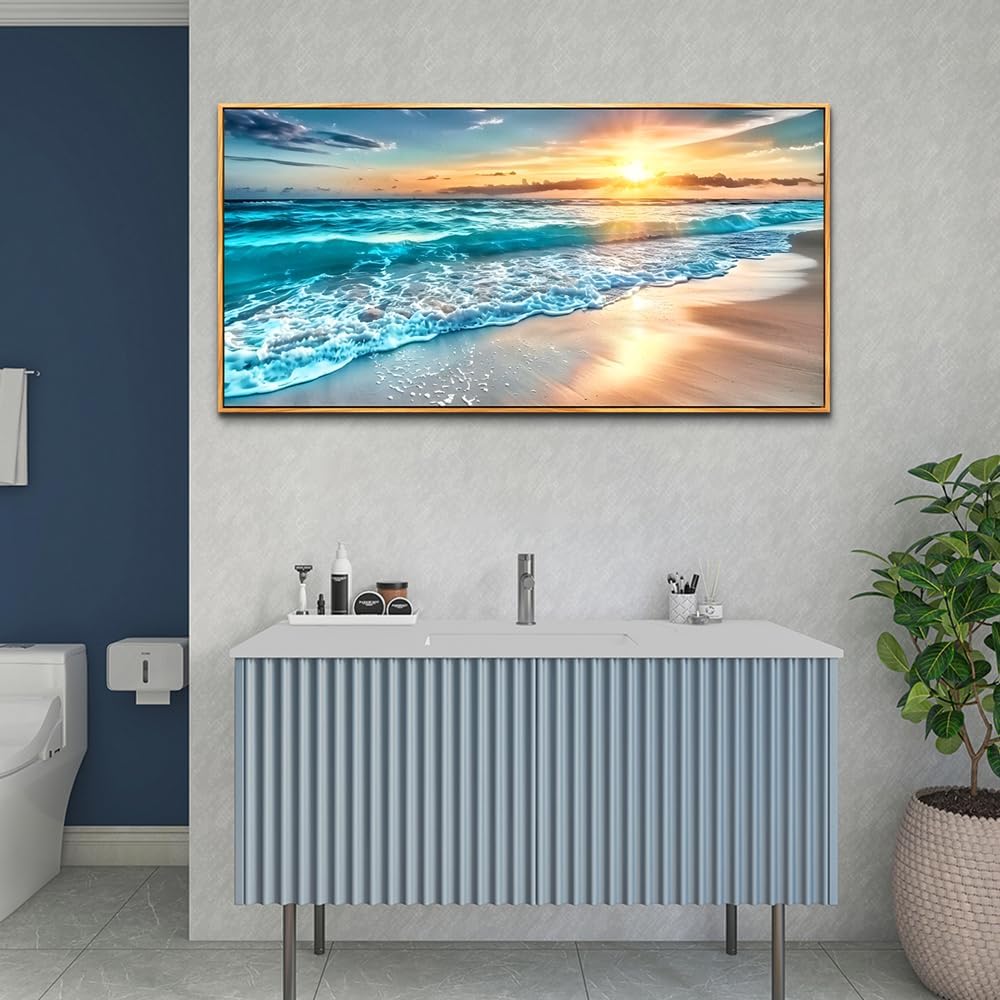 hyidecorart Large Wall Art For Living Room Wall Decor For Bedroom Office Wall Decor Wood Framed Canvas Wall Painting Blue Sea Wave Pictures Modern Beach Seascape Posters Home Decorations Artwork