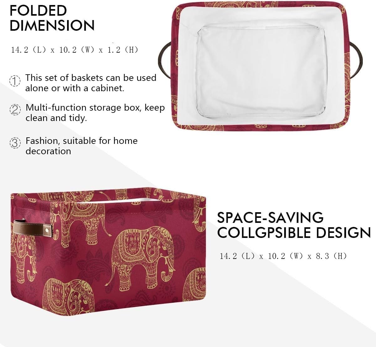 susiyo Foldable Storage Bins Large Collapsible Fabric Storage Baskets with Leather Handles Organizing Box for Shelves Home Bedroom Nursery Office 2 Pack,Indian Tribal Elephants