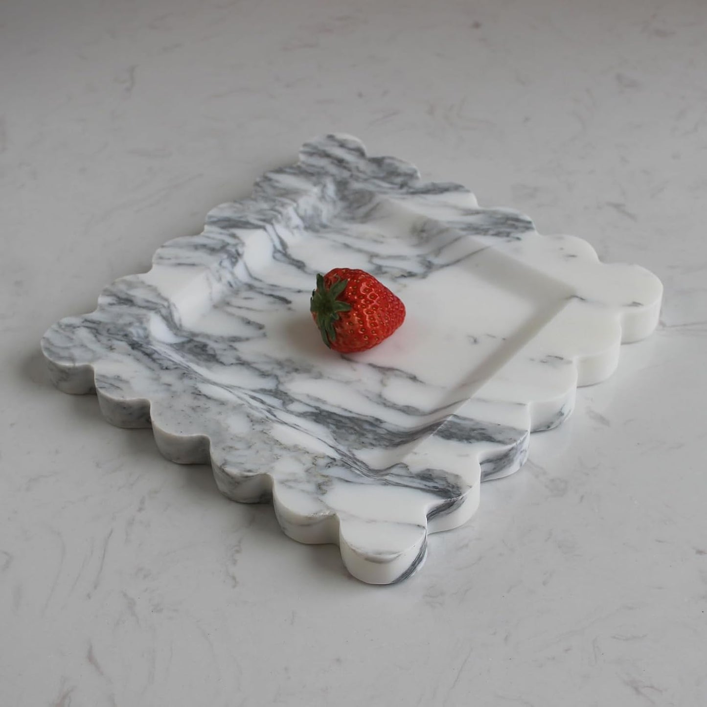 Natural Luxury Marble Tray with Scalloped Edge, Handmade Square Decorative Tray, Catch All Tray for Counter, Dresser, Nightstand and Home Décor (Arabescato Calacatta)
