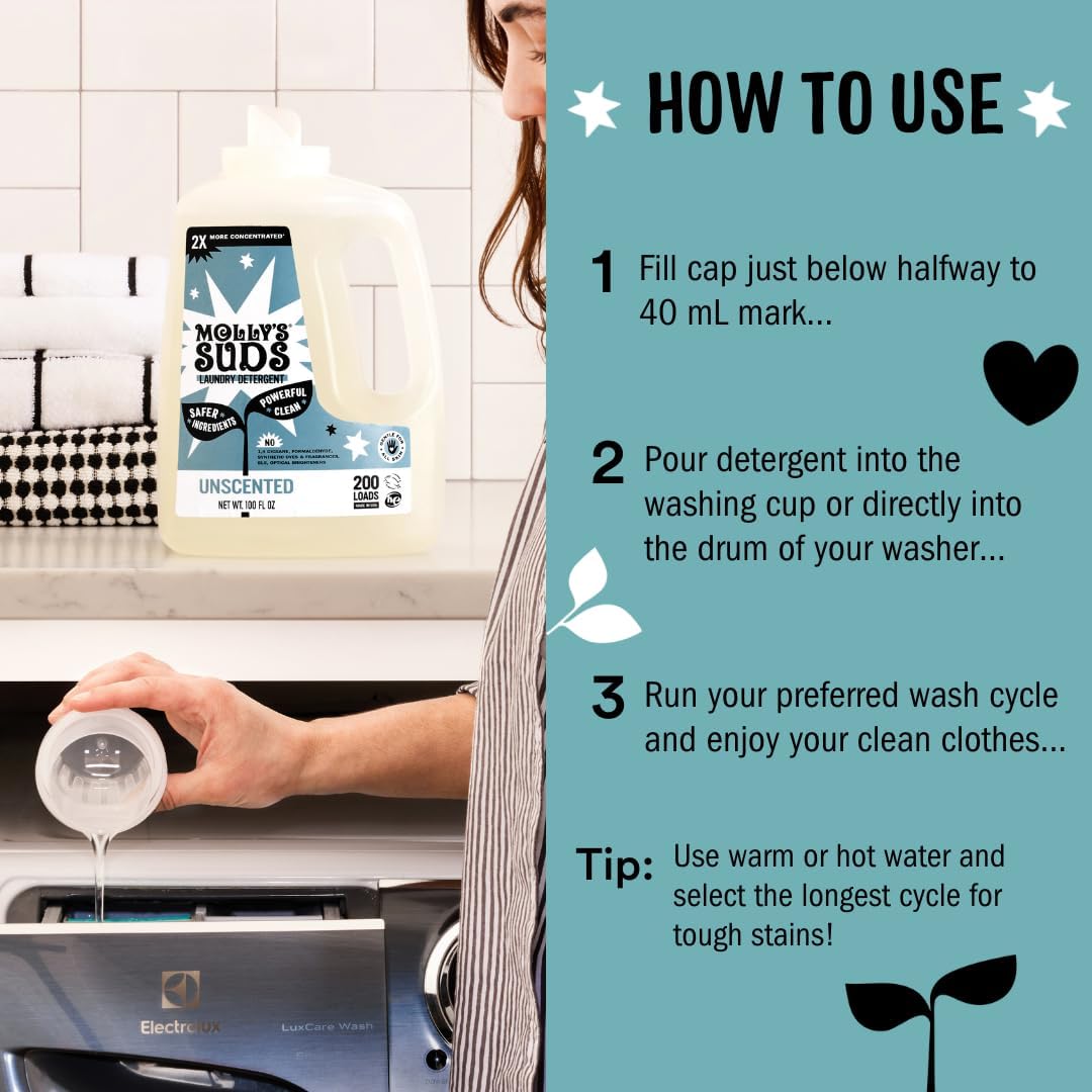 Molly's Suds Liquid Laundry Detergent | Clean Laundry Detergent Soap for Sensitive Skin | 2x Concentrated, High Efficiency (HE) (Unscented - 200 Loads)