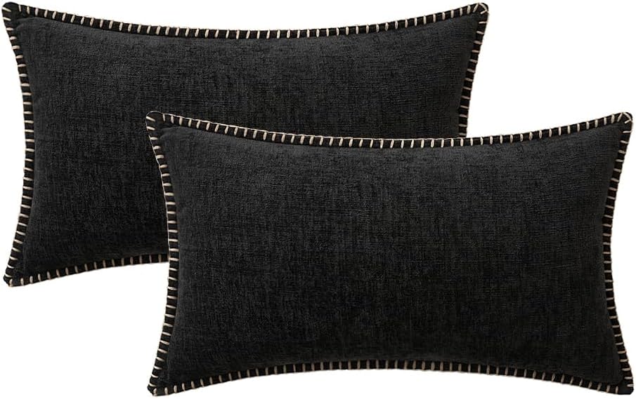 MIULEE Pack of 2 Couch Throw Pillow Covers 12x20 Inch Black Farmhouse Decorative Pillow Covers with Stitched Edge Soft Chenille Solid Dyed Spring Pillow Covers for Sofa Bed Living Room
