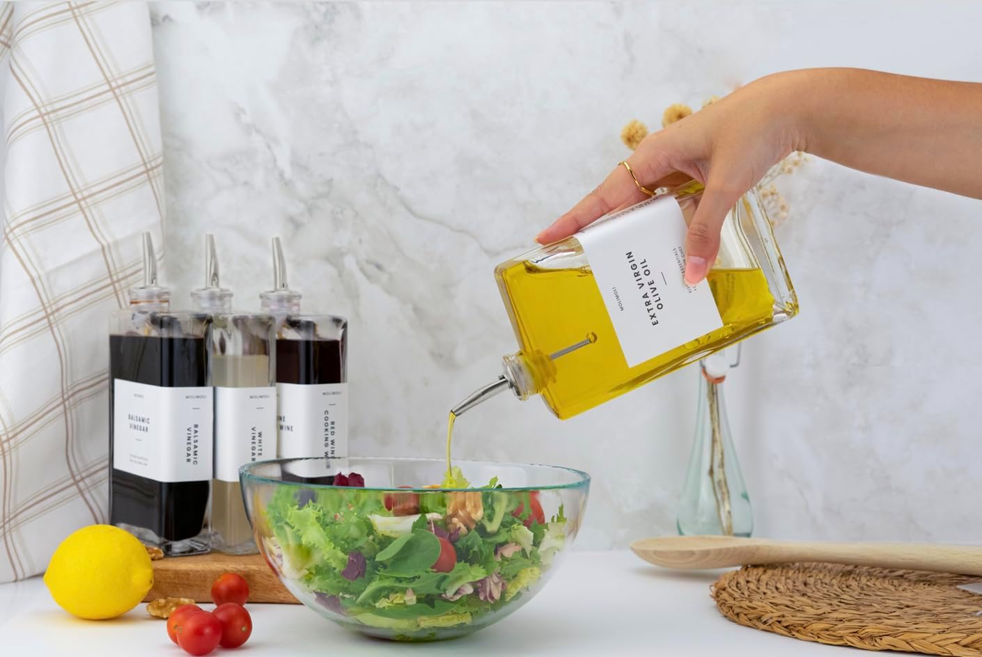 Molimoli Olive Oil Dispenser Bottle for Kitchen, Automatic Pourer, Glass Thin Bottle Dispenser for Kitchen, Olive Oil Cruet, | Set of 2 - Silver