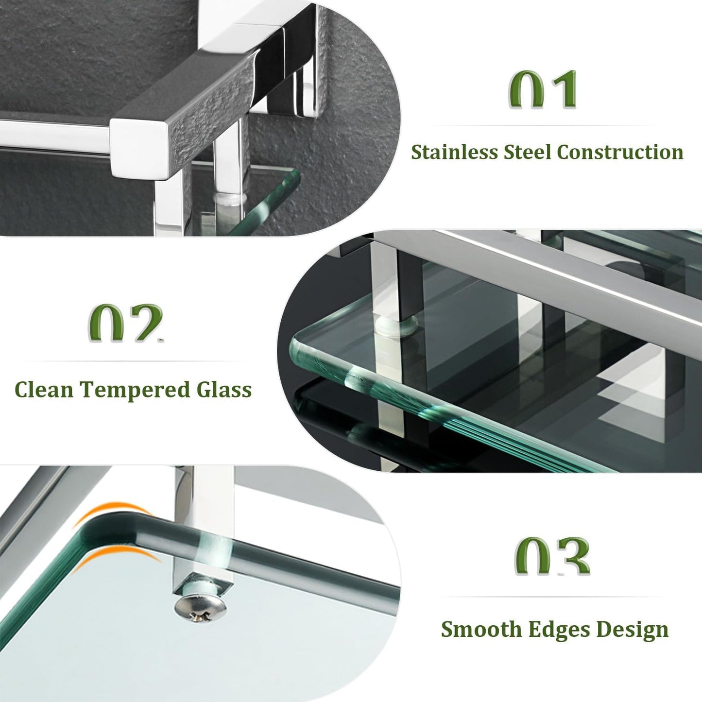 Alise Bathroom Glass Shelf with Stainless Steel Railing, Polished Chrome Small Tempered Glass Floating Wall Shelf Over The Toilet, 16 inch