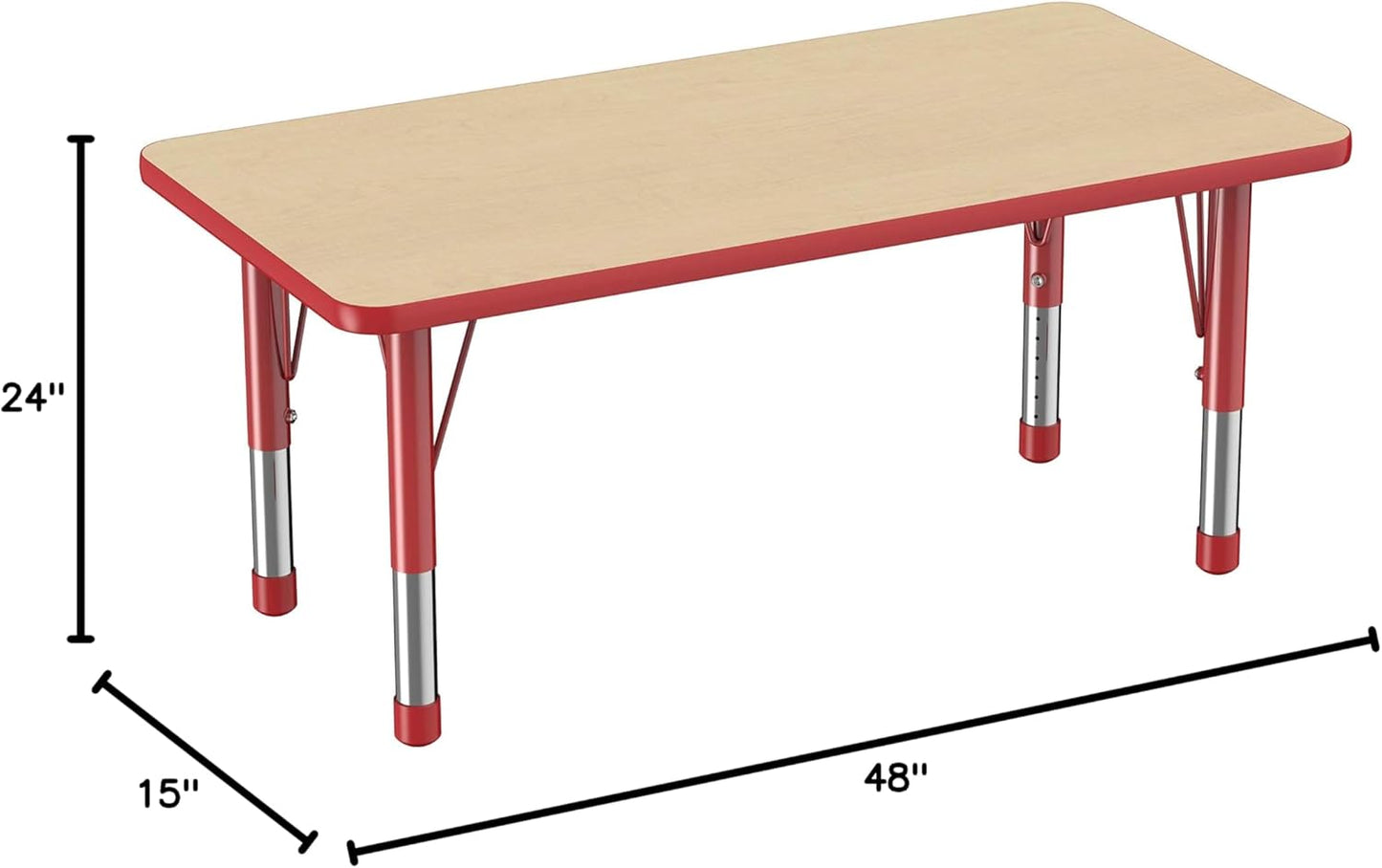FDP Rectangle Activity School and Kids Classroom Table (24 x 48 inch), Toddler Legs, Adjustable Height 15-24 inches - Maple Top and Red Edge