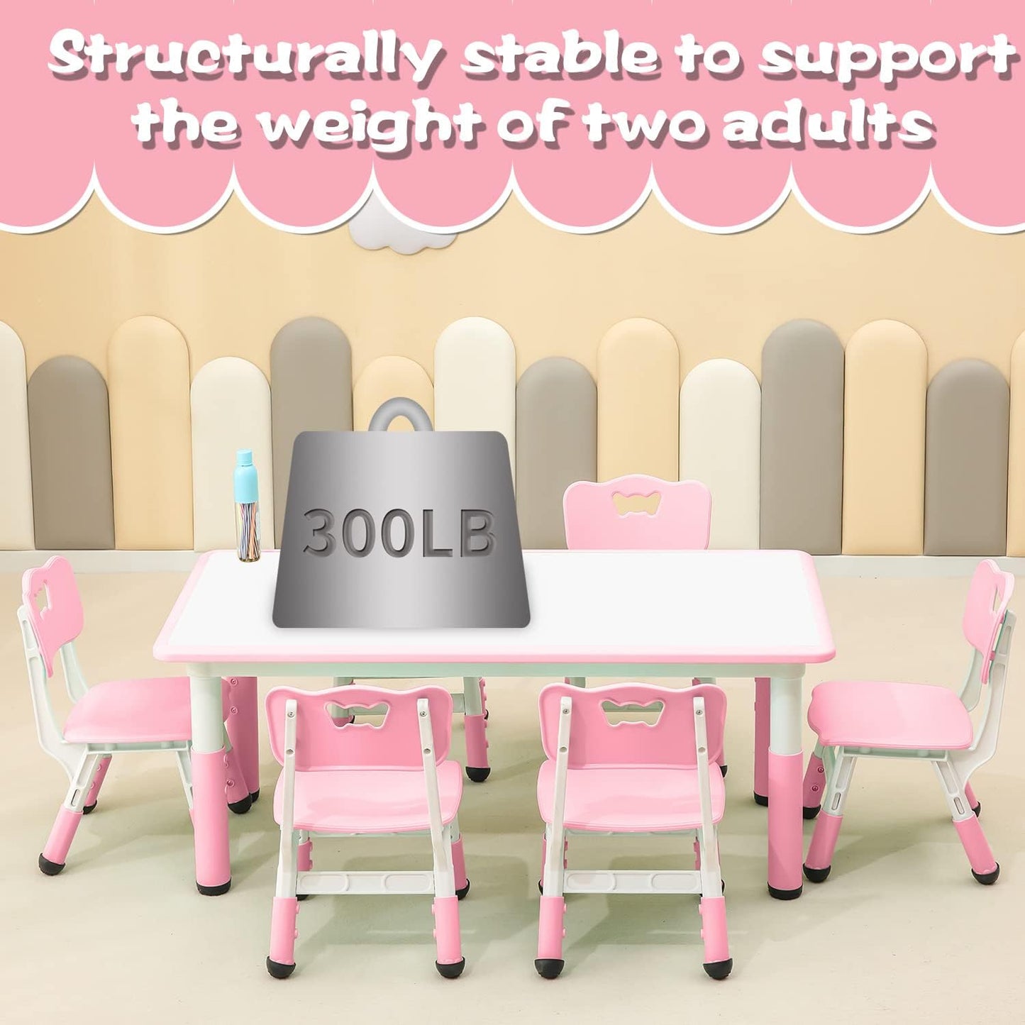 Children's Table and Chair Set Suitable for Boys and Girls Age 2-12 Height Adjustable Table top Can be Painted with 6 Seats Suitable for Family Learning Daily use (Pink)