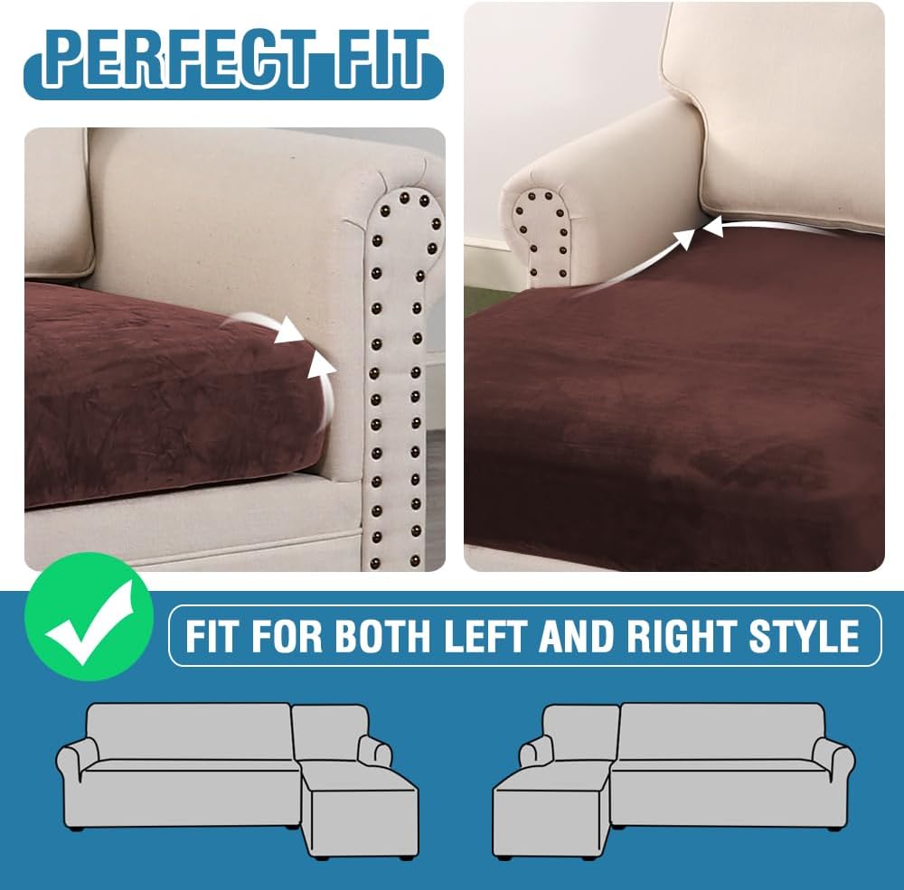 H.VERSAILTEX Velvet Stretch Sectional Couch Covers 3 Pieces Sofa Seat Cushion Covers L Shape Separate Cushion Couch Cover for Both Left/Right Sectional Couch (Large Sofa 2 Seater + 1 Chaise, Brown)