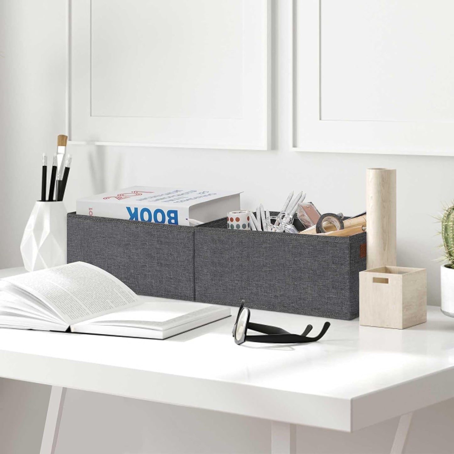 GhvyenntteS Small Fabric Storage Bins 6 Pack, 11.8" x 7.87" x 5.11" Storage Basket with Leather Handles, Closet Storage Bins for Shelves, Storage Baskets for Shelves, DVD Storage (Grey)