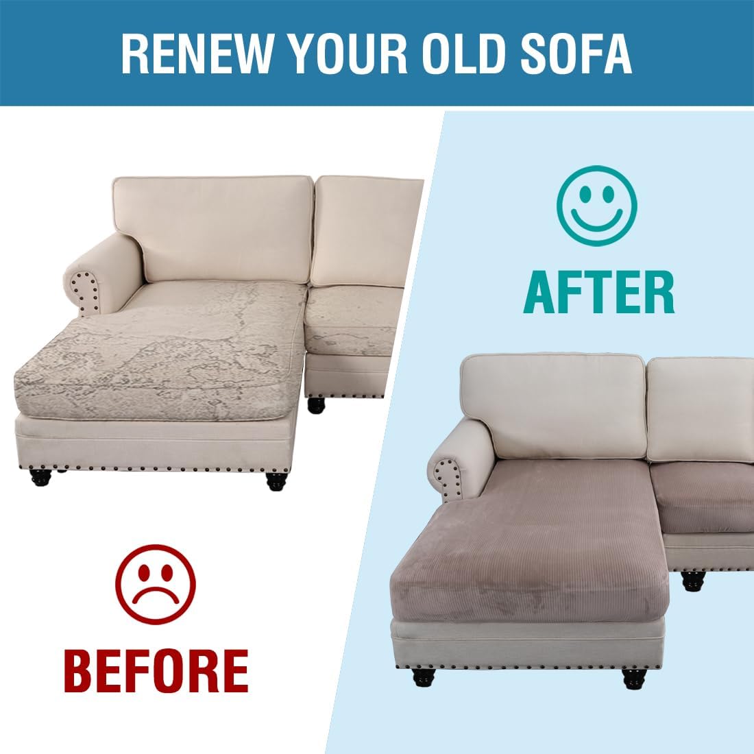 H.VERSAILTEX Velvet Stretch Sectional Sofa Covers - 3 Pieces, L-Shaped Chaise, Taupe Striped