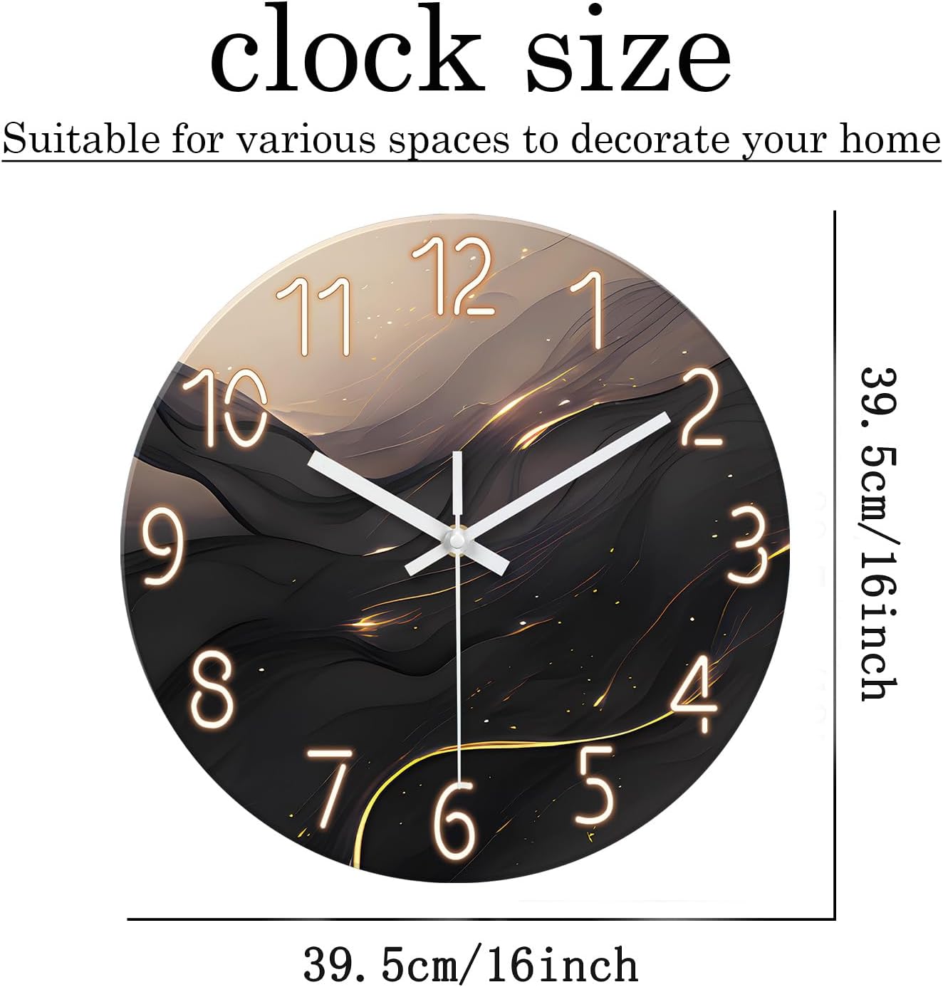 Large Wall Clocks Battery Operated 16 Inch Marble Glass Wall Clock for Living Room Black and Glod Wall Clock Silent Non Ticking