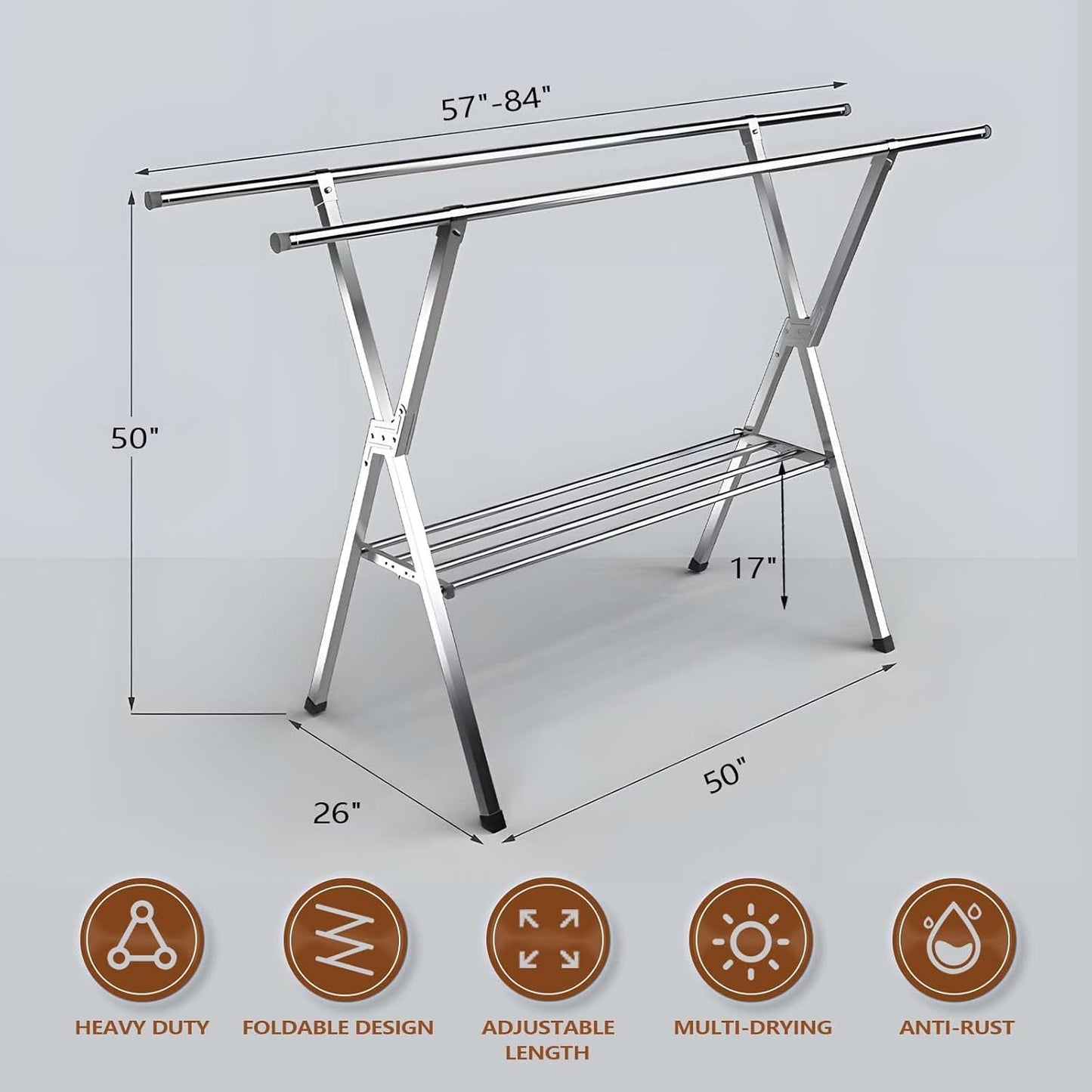 JAUREE Clothes Drying Rack 2 Tiers, Heavy Duty Drying Rack Clothing Folding Indoor Outdoor, Stainless Steel Laundry Drying Rack, Foldable Garment Rack with 20 Windproof Hooks (84 Inches)