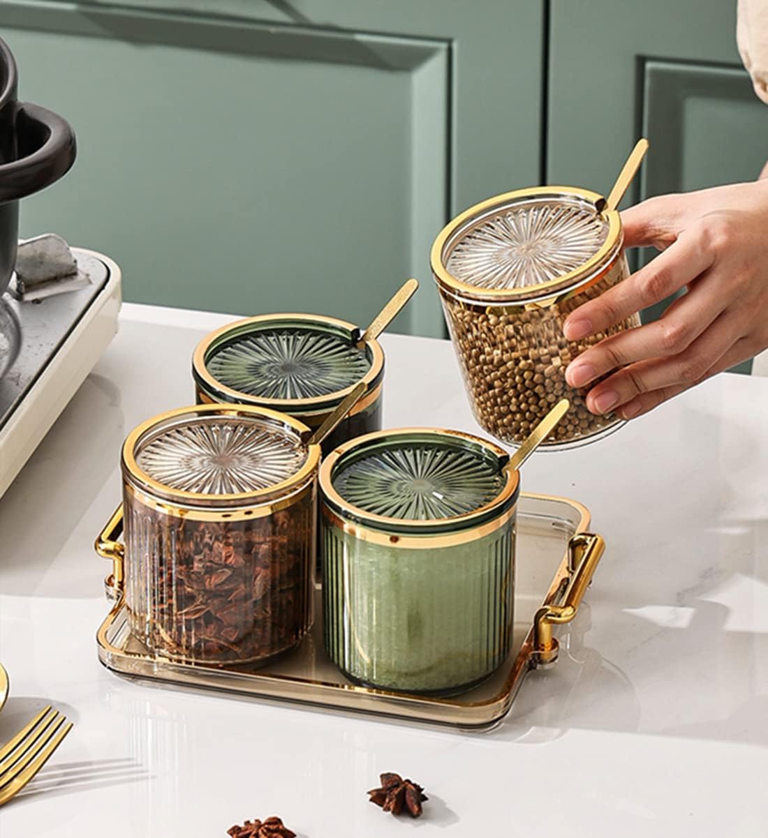 Acrylic Condiment Spice Jars,Condiment Spice Box With Lids and Spoons and Tray,Clear Plastic Condiment Canisters,Seasoning Box 4 Pack,Seasoning Box Set for Kitchen to Storage Salt,Paprika,Sugar