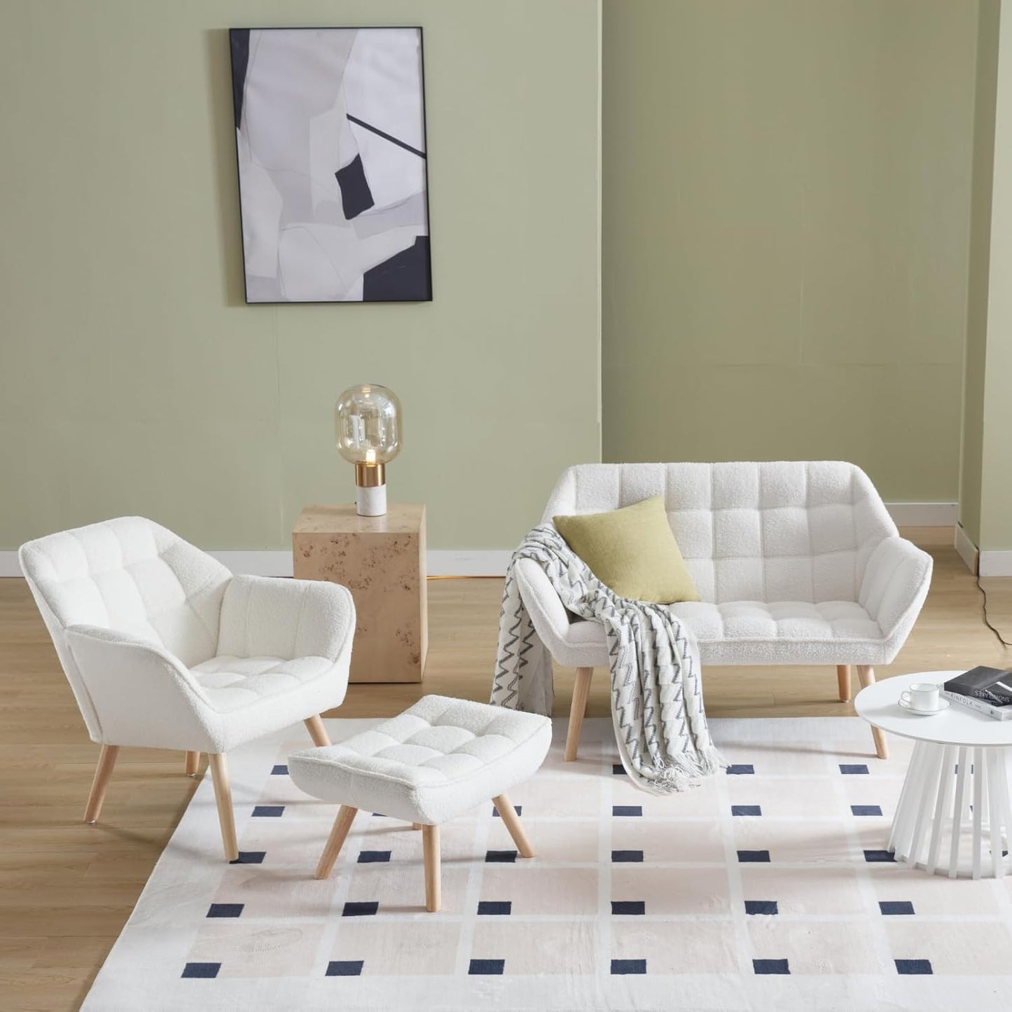 White Sherpa Accent Chair with Ottoman ,Modern Reading Chair with Ottoman Set, Comfy Fuzzy Armchair Living Room Chair Lounge Chair with Wood Legs for Small Spaces Bedroom Apartment
