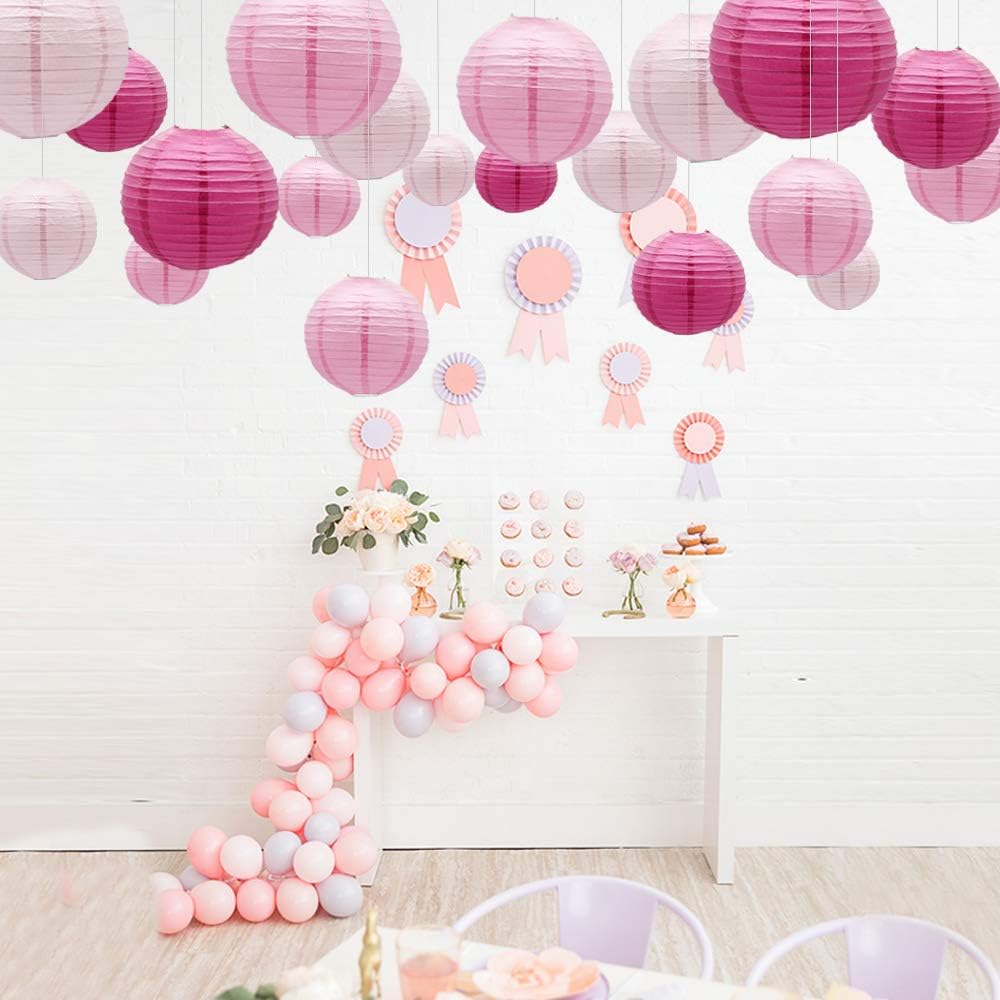 Round Chinese Paper Lanterns Decorative 15pcs Wedding Birthday Party Valentine's Day Baby Showers Decoration (Pink)