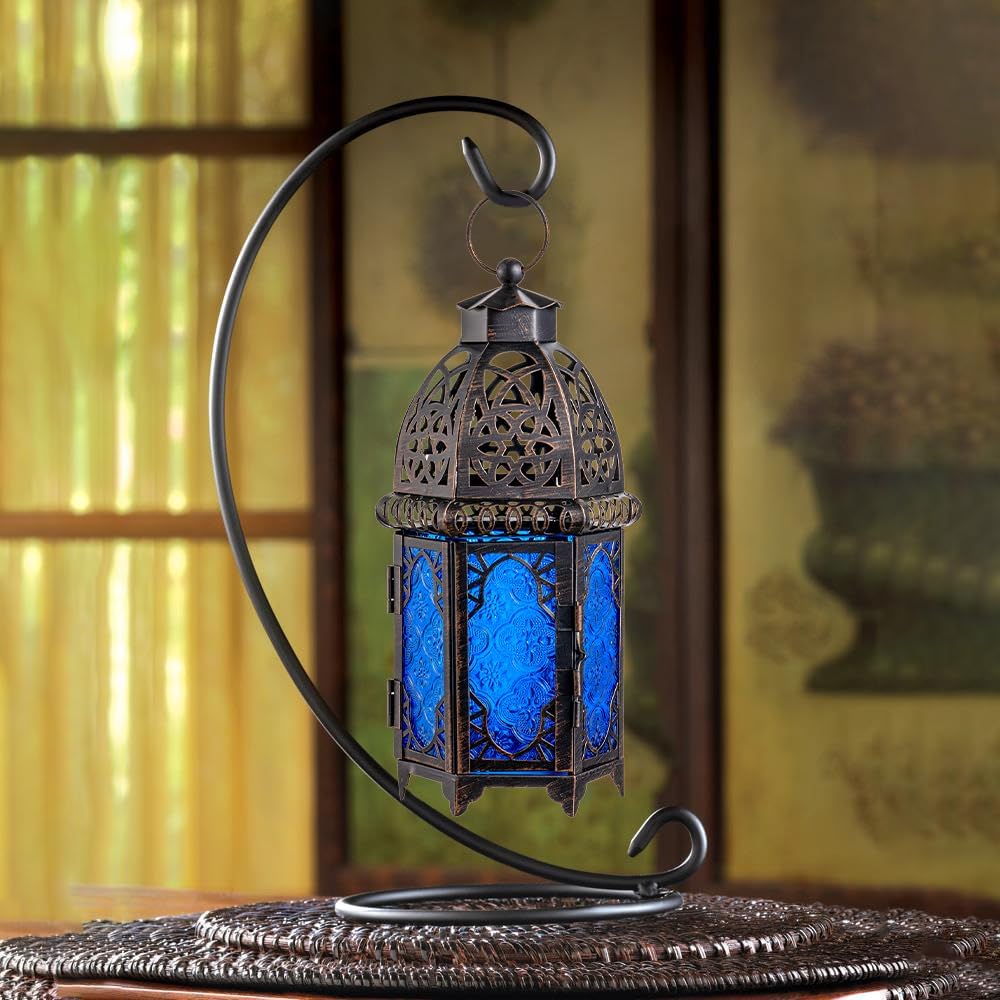 NEEDOMO Hanging Moroccan Lantern, 12.8'' Vintage Candle Holder, Metal Lanterns Decorative Indoor Outdoor, Table, Patio, Porch, Shelf, Gothic Home Decor (Blue, Large Size)