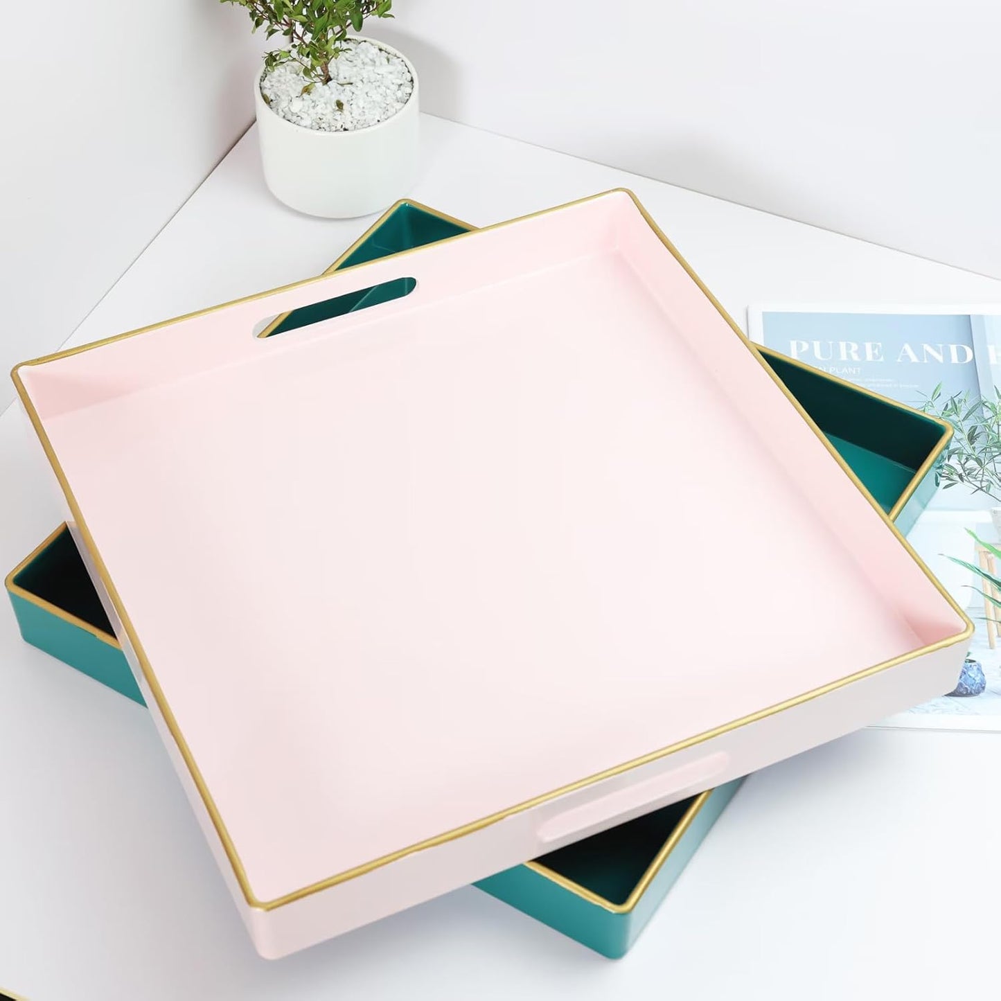 Spsyrine Pink Decorative Serving Tray with Handles, 13" X 13" Square Plastic Coffee Table Tray for Ottoman, Living Room, Bathroom, Home Decor.