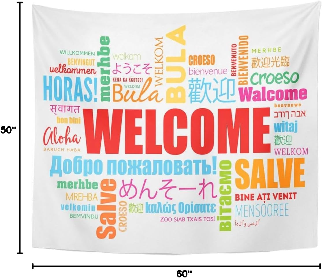 TOMPOP Tapestry World Welcome Word Cloud in Different Languages Conceptual Multilingual Home Decor Wall Hanging for Living Room Bedroom Dorm 50x60 Inches