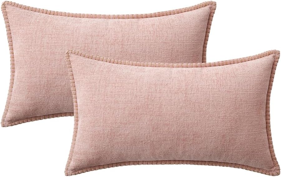 MIULEE Pack of 2 Couch Throw Pillow Covers 12x20 Inch Pink Valentine Farmhouse Decorative Pillow Covers with Stitched Edge Soft Chenille Solid Dyed Spring Pillow Covers for Sofa Bed Living Room