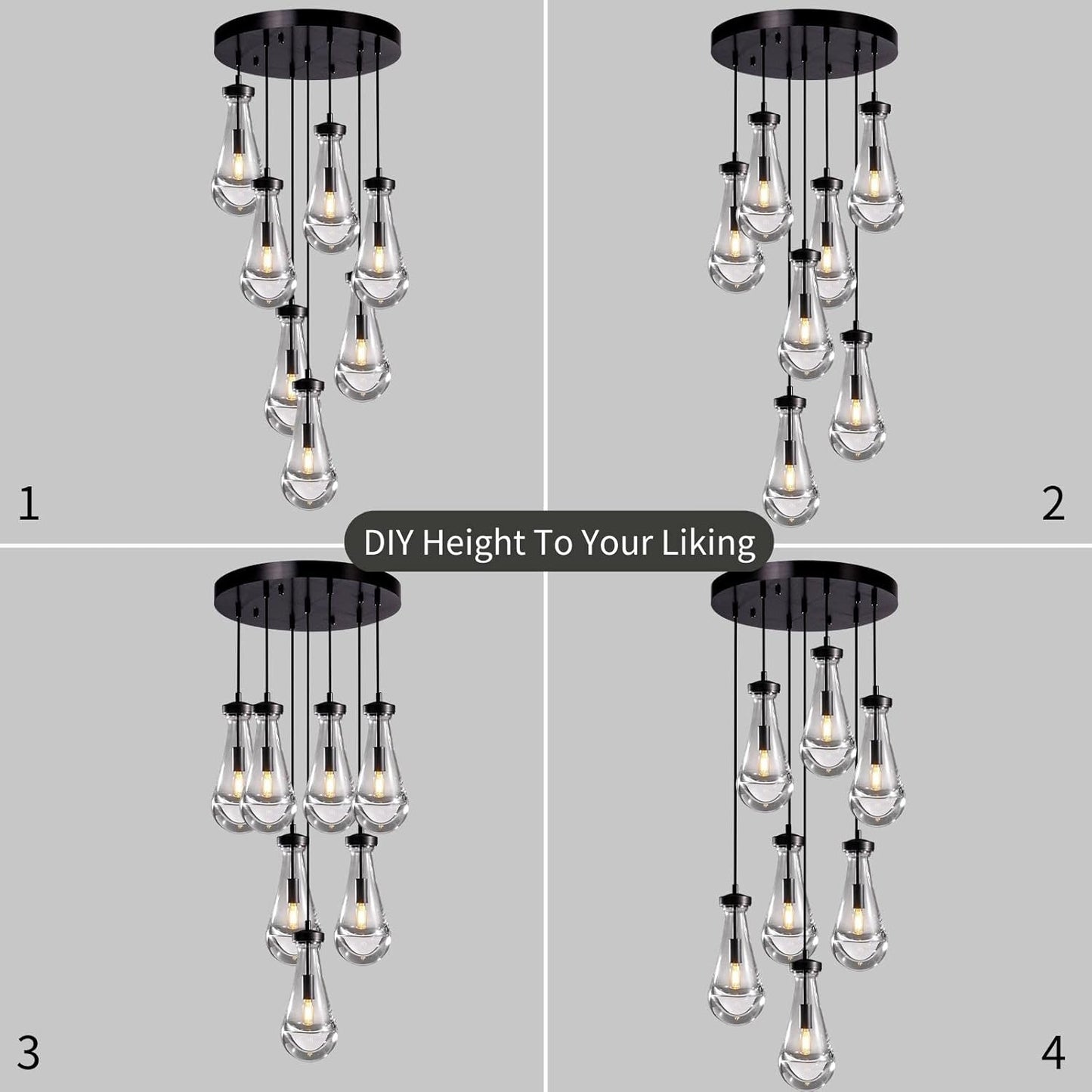 7 Light Raindrop Chandeliers, Bronze Teardrop Cluster Pendant Lights Kitchen Island, Black Dining Room Chandelier Over Table Hanging Pendant Lighting for High Ceiling, Entryway Staircase