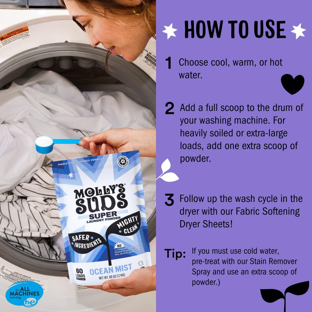 Molly's Suds Super Powder Detergent | Extra Strength Laundry Soap, Stain Fighting | Sensitive Skin | Simple, Effective Ingredients | 60 Loads - Lavender