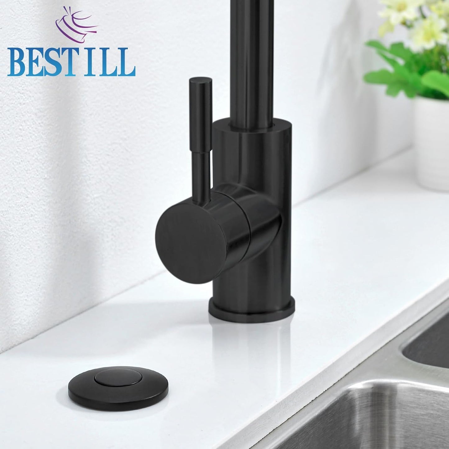 BESTILL Garbage Disposal Air Switch Kit - UL Listed, Brass 3.6" Long Push Button for Waste Disposer, Cordless Sink Top Switch Button, Matte Black, Compatible with all Garbage Disposals