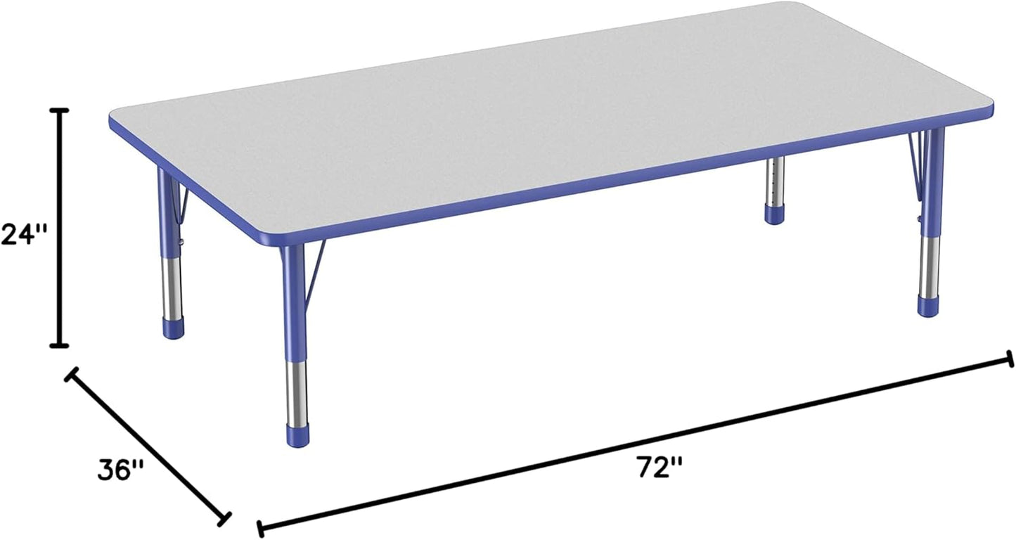 FDP Rectangle Activity School and Classroom Kids Table (36 x 72 inch), Toddler Legs, Adjustable Height 15-24 inches - Gray Top and Blue Edge