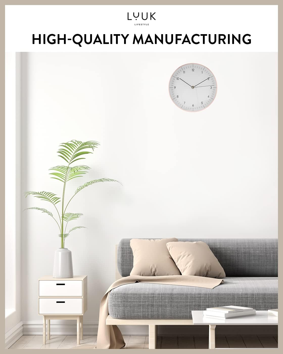 LUUK LIFESTYLE Timeless Wall Clock with Silent Movement and no Ticking, Elegant Design, for Children's Room, Living Room, Bathroom, 12”, White and Rosegold