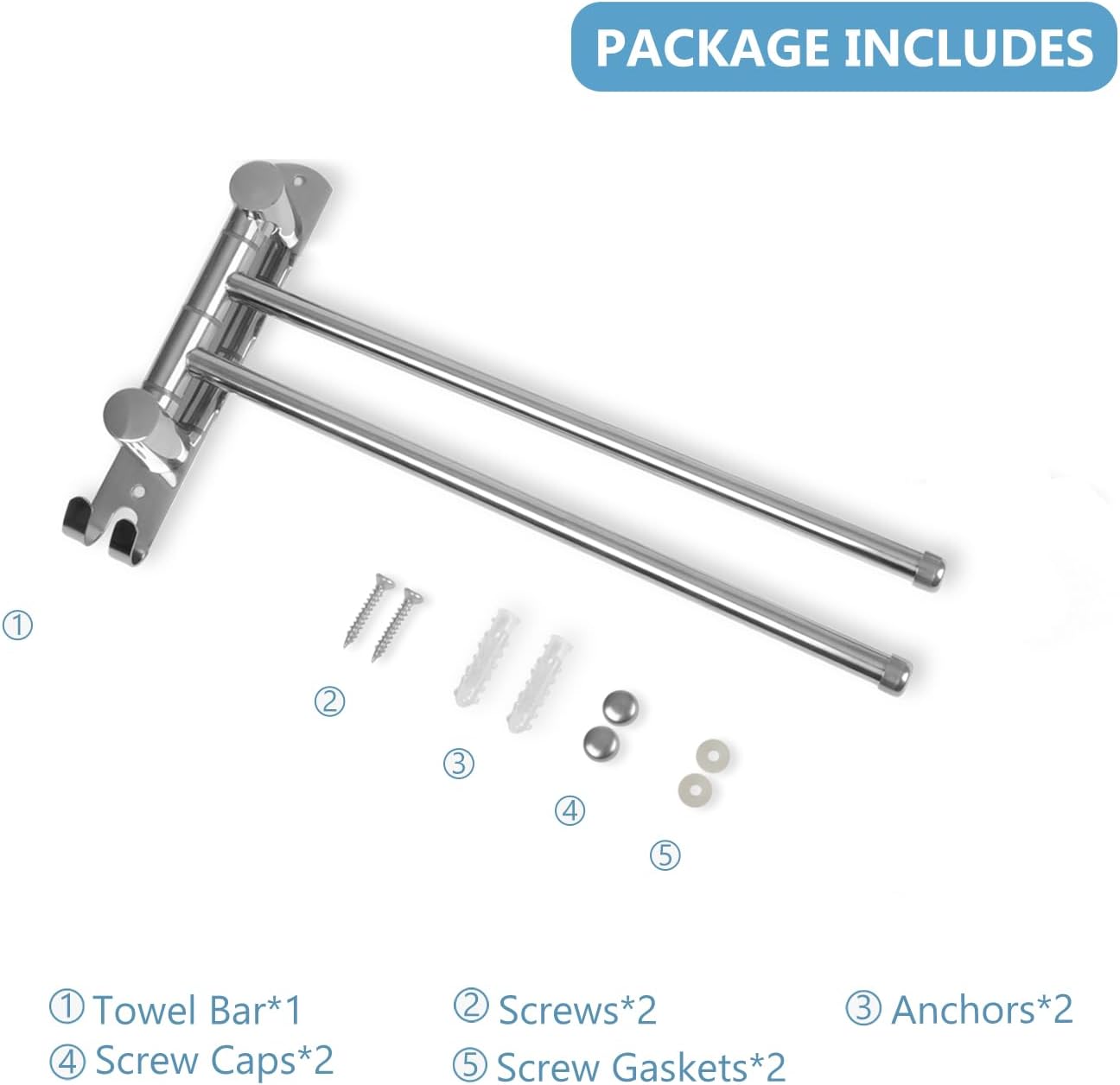 Bathroom Towel Holder JSVER 2 Arms SUS304 Stainless Steel Wall Mounted Towel Bar, Swivel Towel Racks for Bathroom, Kitchen