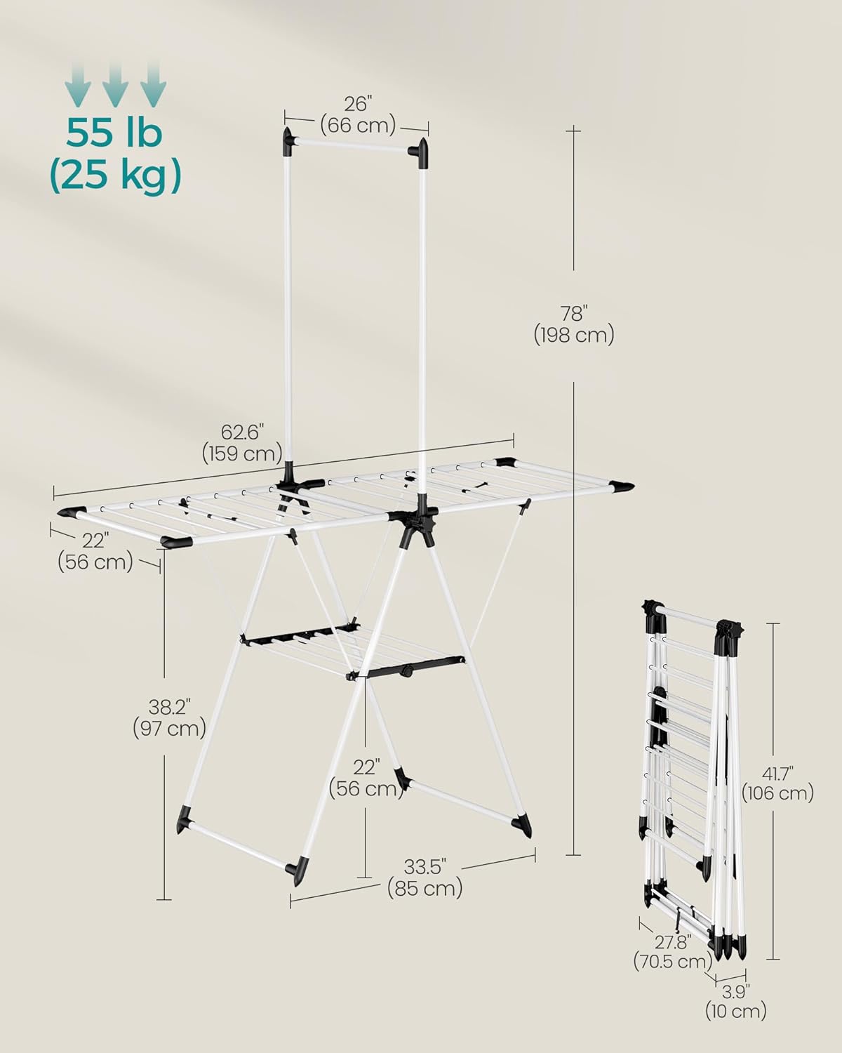 SONGMICS Clothes Drying Rack, Foldable 2-Level Laundry Drying Rack, Free-Standing Airer, 1 Additional Tall Hanging Bar, 2 Height-Adjustable Wings, 24 Drying Rails, Space Savng, Simply White ULLR521W01