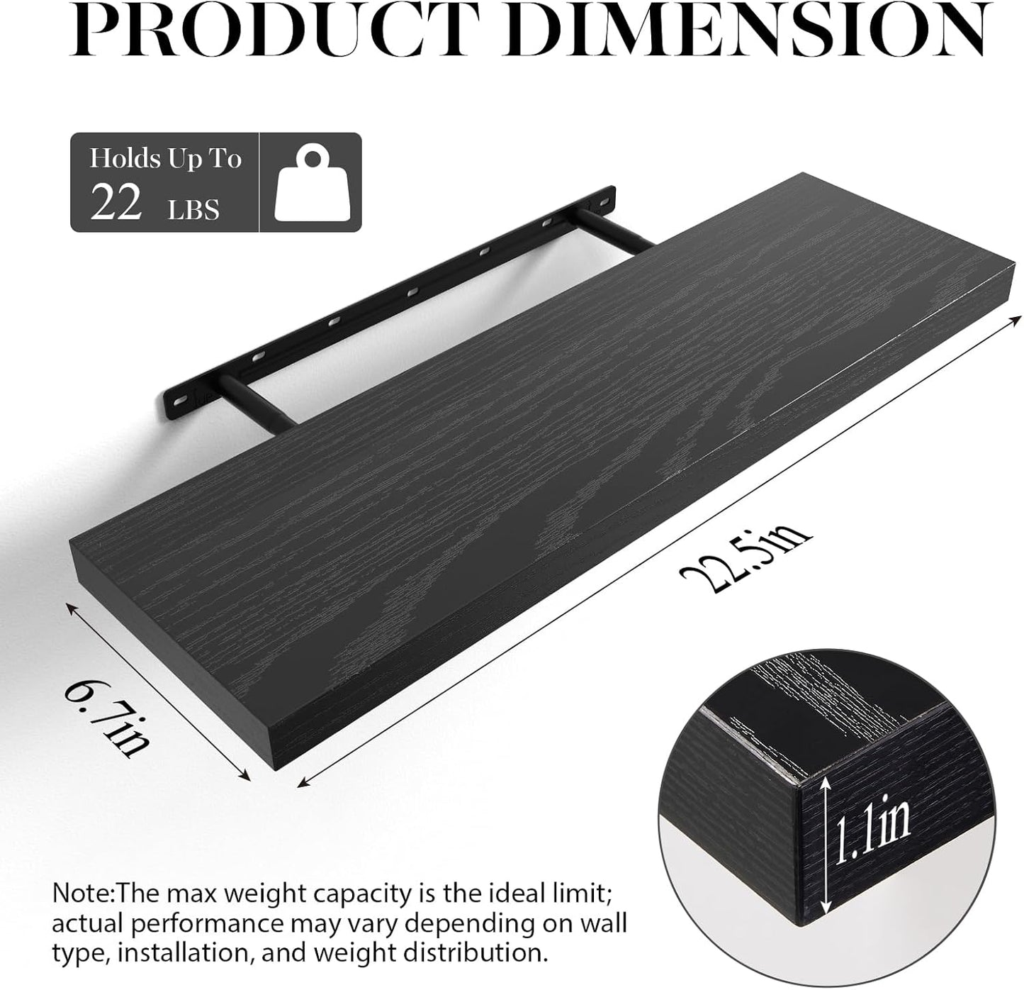 BAYKA Floating Shelves for Wall, 22.5 inches Wall Mounted Rustic Wood Shelves for Bathroom, Bedroom, Living Room, Floating Shelves for Books/Storage/Decor (Black,Set of 3)