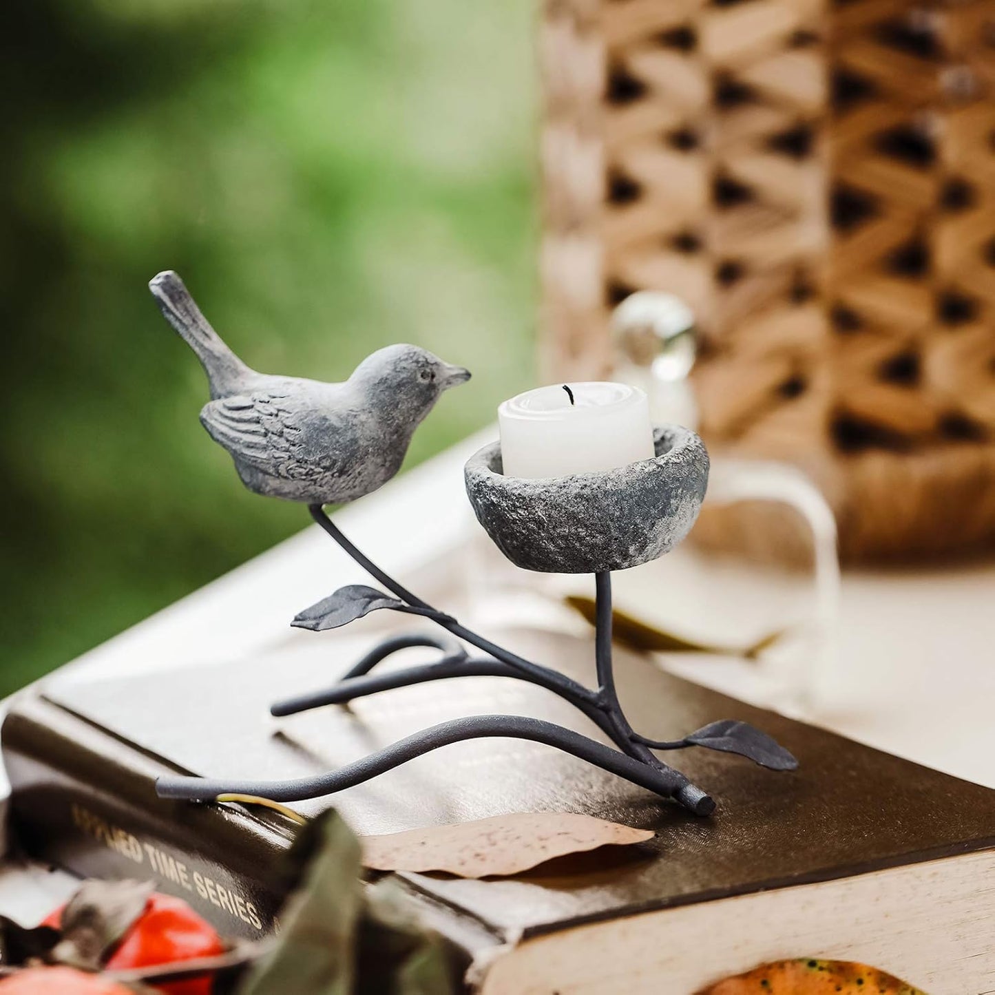 Marbrasse Votive Candle Holders, Vintage Home Decor Centerpiece, Iron Branches, Resin Bird and Nest, Tabletop Decorative TeaLight Candle Stands,Creative Artwork (Grey Black)