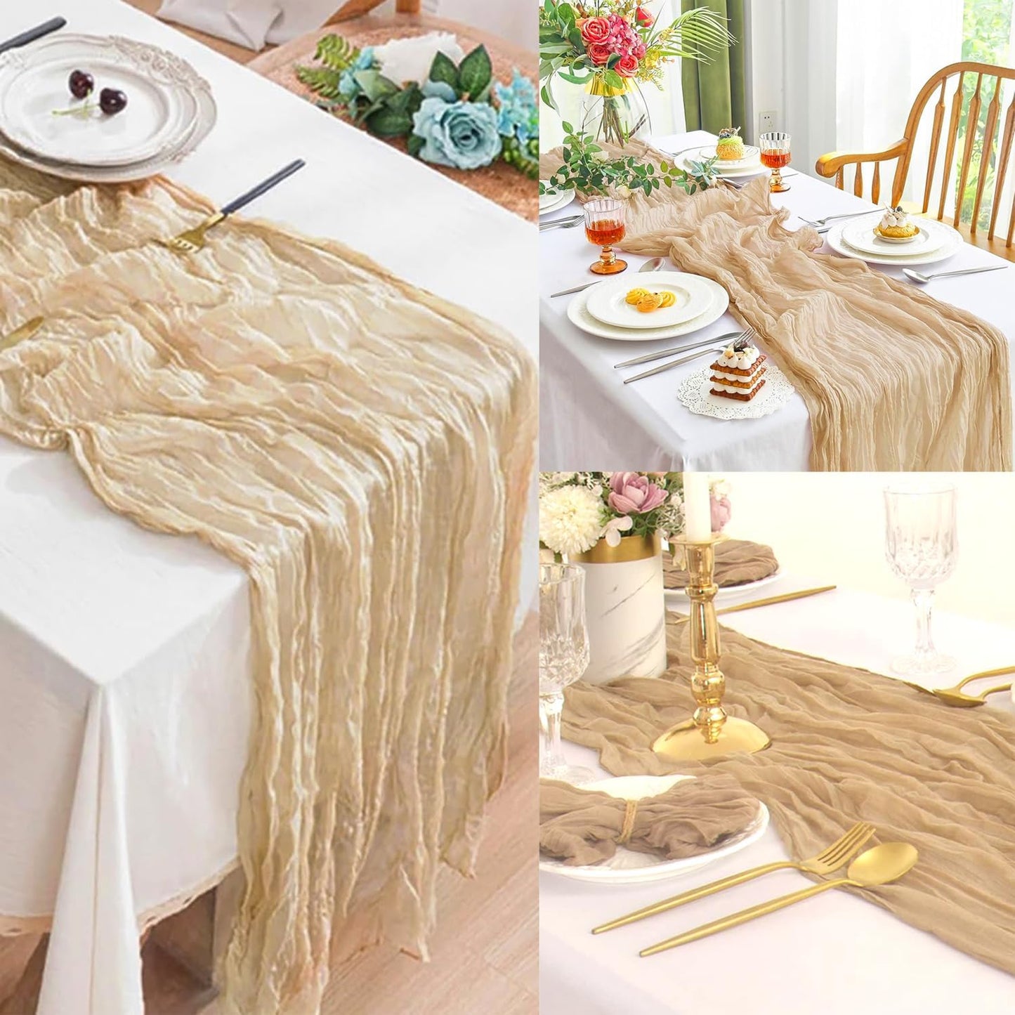Sand 6 Pack 10FT Cheesecloth Table Runner 20 x 120 Inch Long Rustic Gauze Cheese Cloth Table Runner for Wedding Bridal Baby Shower Table Decorations Boho Fabric Sheer Birthday Party Table Decor