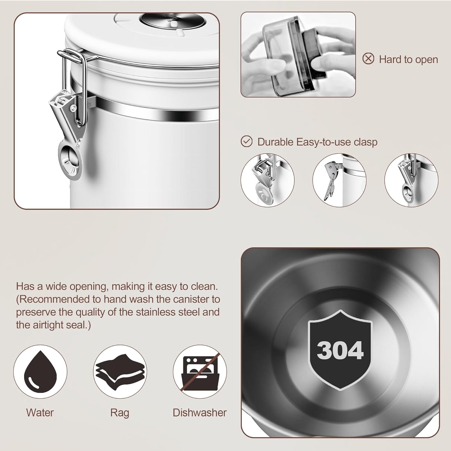 ShanSon Coffee Canister Airtight Coffee Container Stainless Steel Coffee Bean Storage Container with Scoop Coffee Canister for Beans Grounds Sugar Flour Tea Cereal,22OZ, White