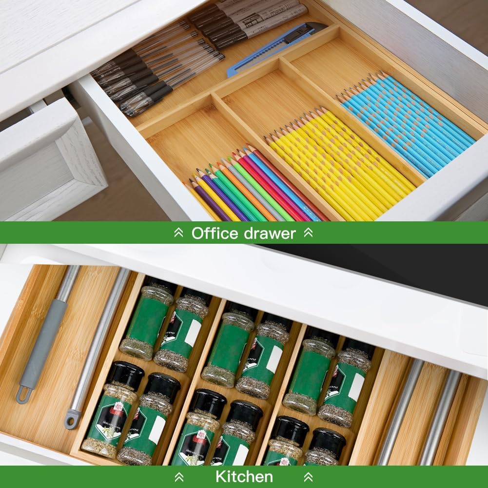 VaeFae Premium Bamboo Drawer Organizer, Expandable Silverware Drawer Organizer, Cutlery Tray with Dividers for Kitchen Utensils (Natural, Large)
