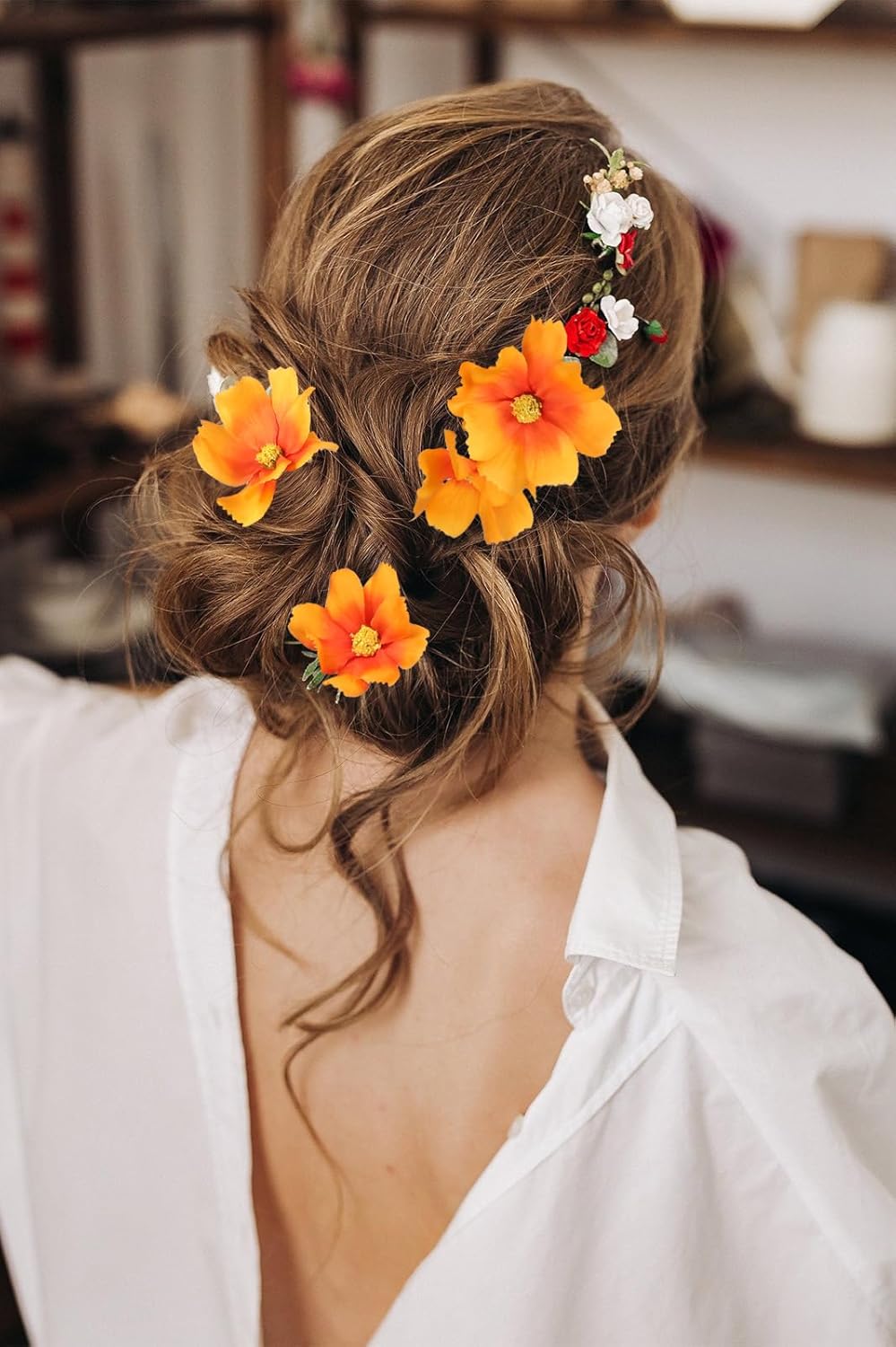 IPOPU Orange Silk Flowers Artificial Daisies 5PCS Cosmos Artificial Flowers Fake Wildflowers Daisy Flowers with Stems for Home Decor Indoor Floral Arrangements Centerpiece (Orange)