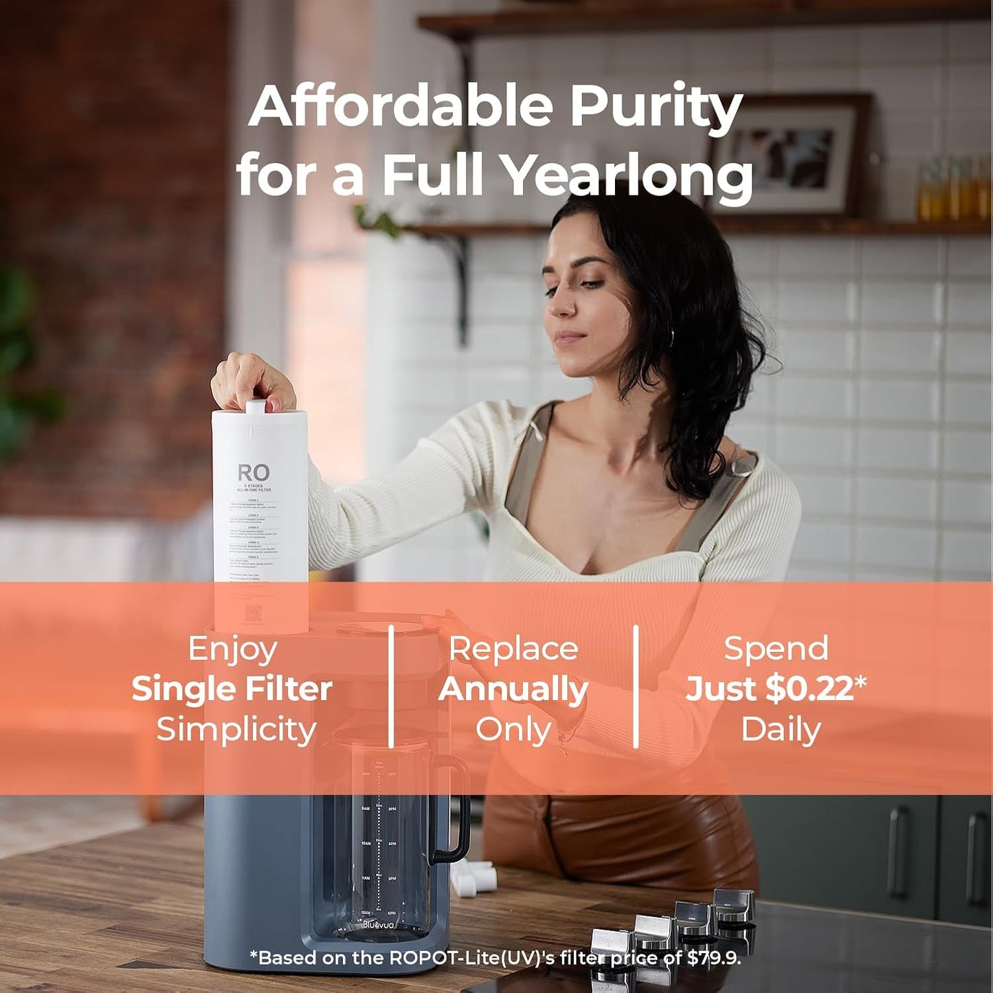 Bluevua RO100ROPOT-Lite(UV) Countertop Reverse Osmosis Water Filter System, 7-Stage Purification with UV and Remineralization, 3:1 Pure to Drain, Portable Water Purifier (Blue)