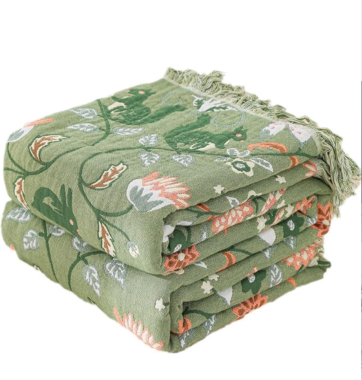 Snycler Boho Throw Blanket for Bed - 100% Cotton Ultra Soft Rustic Quilt Green Blanket - Floral Printed Farmhouse Decor Bed Blankets, 80"×90" All Season Rustic Throw for Sofa Couch Chair