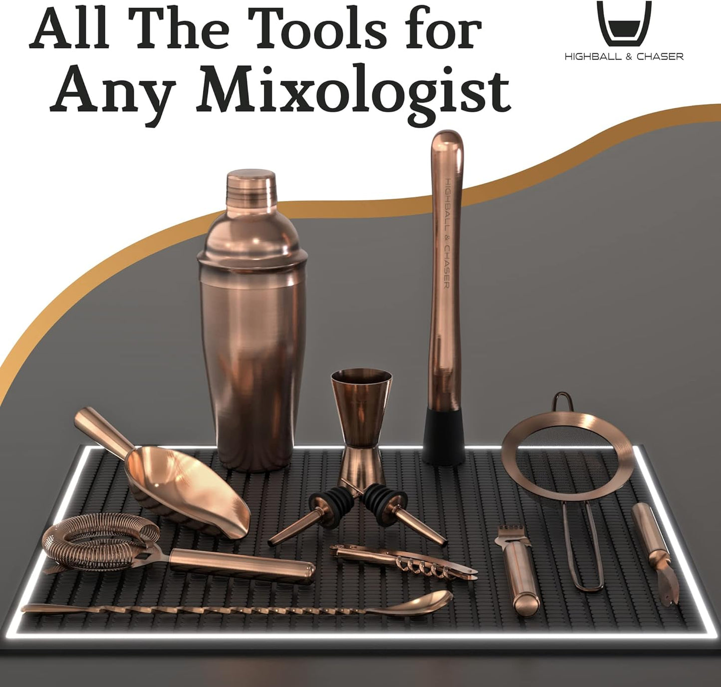 Highball & Chaser 13-Piece Cobbler Cocktail Shaker Set Matte Copper Stainless Steel Bartender Kit For Home Bar Cocktail Set Laser Engraved Cocktail Tools Plus E-Book with 30 Different Cocktail Recipes