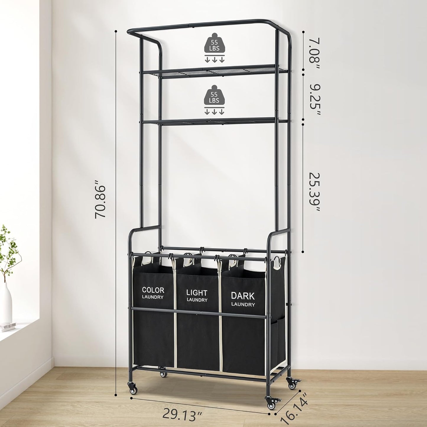 Laundry Sorter 3 Section,Laundry Hamper Cart with Hanging Rack & Removable Bags,Heavy Duty Laundry Basket with Wheels & 2 Tier Shelf,Space-Saving Laundry Basket Organizer for Laundry Room