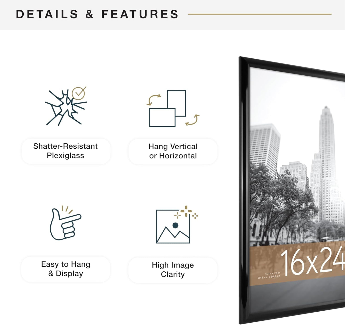 MCS Trendsetter 16x24 Poster Frame Black High-Gloss, Vertical & Horizontal Wall Hanging Large Picture Frame for Photos, Posters & Art Prints (2-Pack)