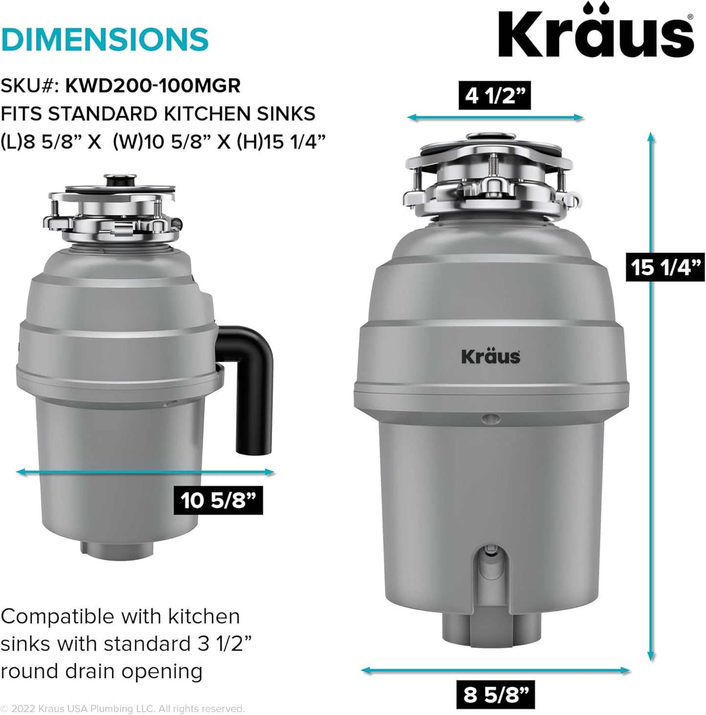 KRAUS WasteGuard High-Speed 1 HP Continuous Feed Ultra-Quiet Motor Garbage Disposal with Power Cord and Flange Included and Universal Mount, KWD200-100MGR