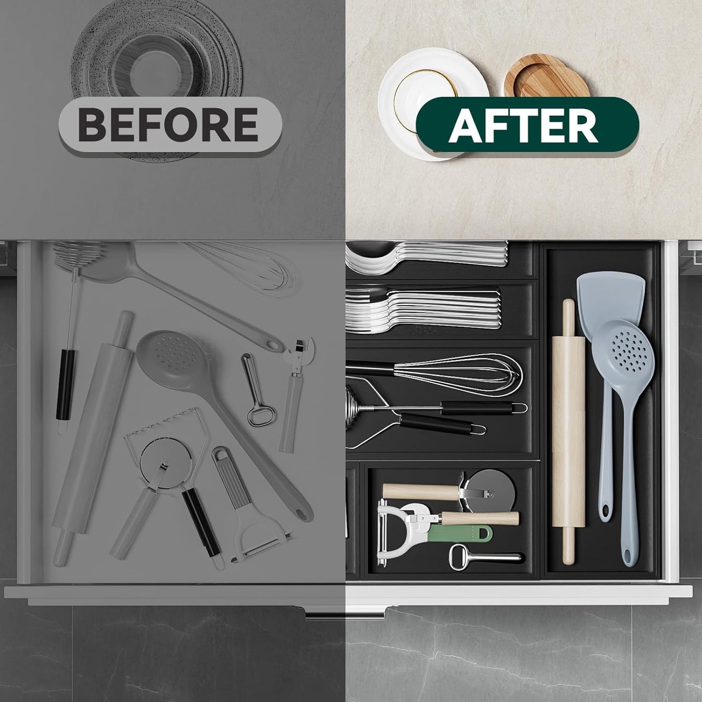 Bamboo Drawer Organizer, Small Silverware for Kitchen Drawer, Stackable Utensil Organizer, 2 Pcs Flatware Organizer, Wooden Storage Box Tray (Black, 6 X 3 X 2 Inch)