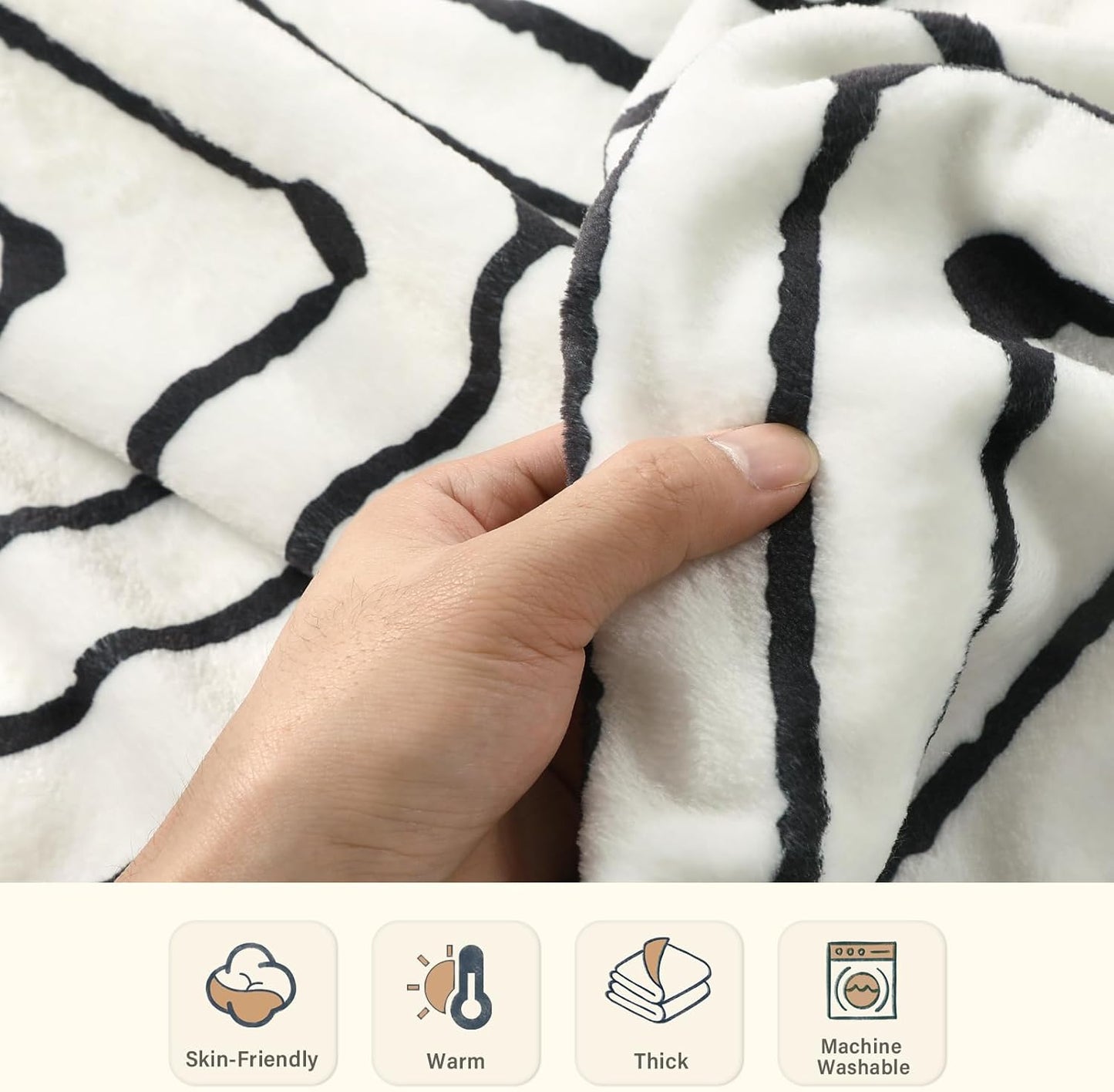 Lahome Boho Fleece Throw Blanket Black White Striped Fluffy Bed Throws Soft Cozy Warm Fuzzy Throw Blanket Reversible Blankets for Couch Sofa, Off White 50''x60''