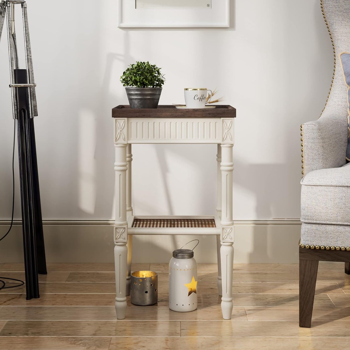 Rustic Farmhouse Cottagecore Accent End Table Set of 2, Distressed Accent Side Table with Espresso Tray Top and Woven Wicker Shelf, Boho, French Country Decor, Square, Weathered Brown & White